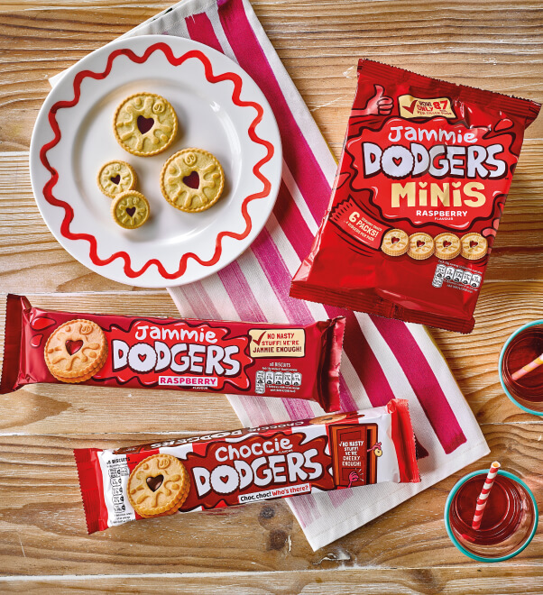 A selection of Jammie Dodgers and Choccie Dodgers on a table top